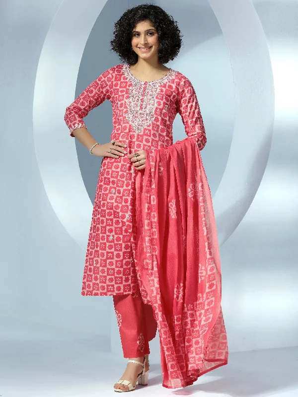 Women's Jumpsuits with Boat CollarCoral Printed Cotton Straight Suit With Dupatta