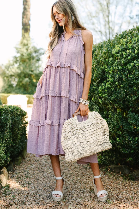 Women's Low Collar DressesPursue Perfection Mauve Pink Ruffled Midi Dress