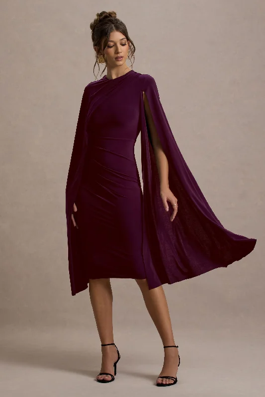 Women's Tiered DressesMarysol | Plum Asymmetric Cape Midi Dress