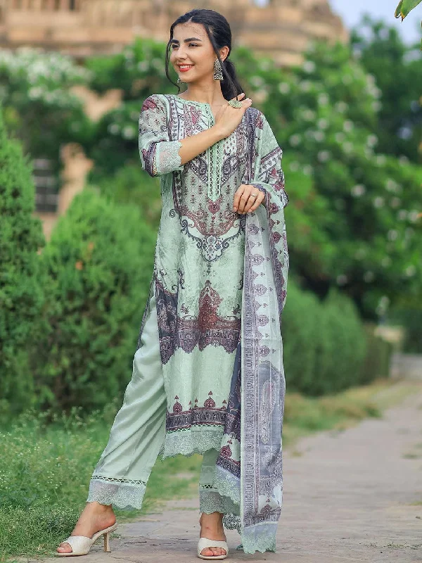 Women's Long-Sleeve JumpsuitsGreen Printed Silk Blend Pakistani Suit