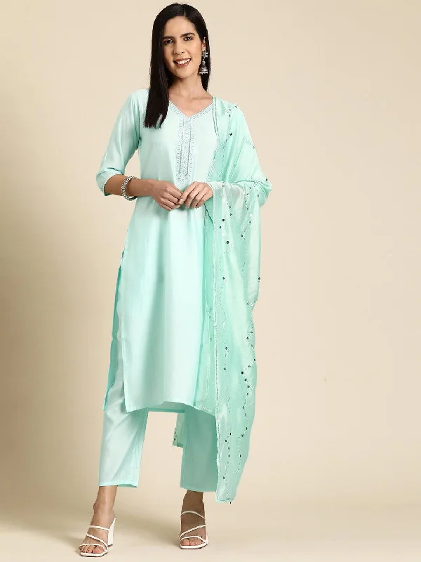 Women's Jumpsuits with Wide CollarBlue Yoke Design Silk Blend Straight Suit With Dupatta