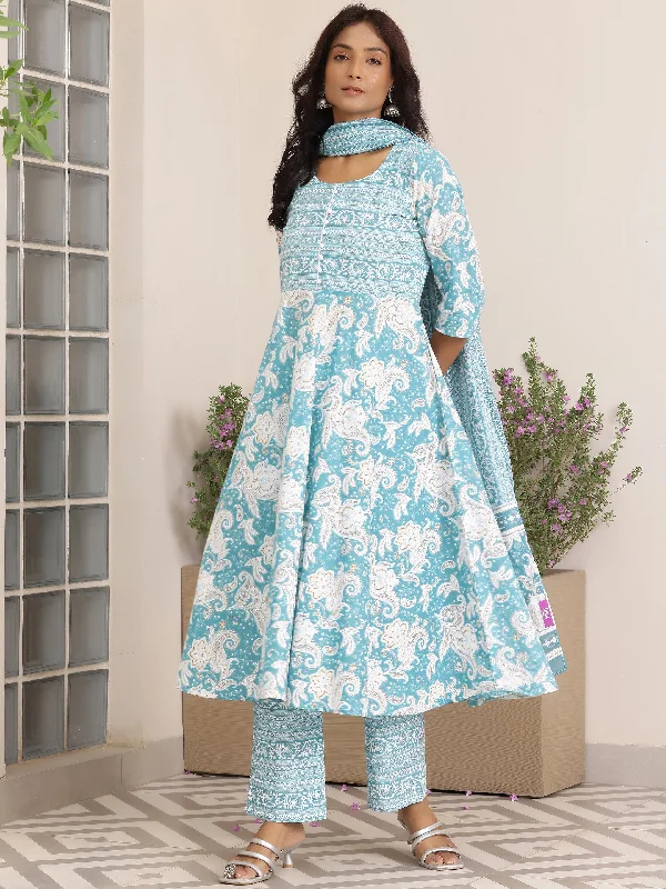 Women's Jumpsuits with U-Shaped NeckBlue Printed Cotton Anarkali Suit With Dupatta