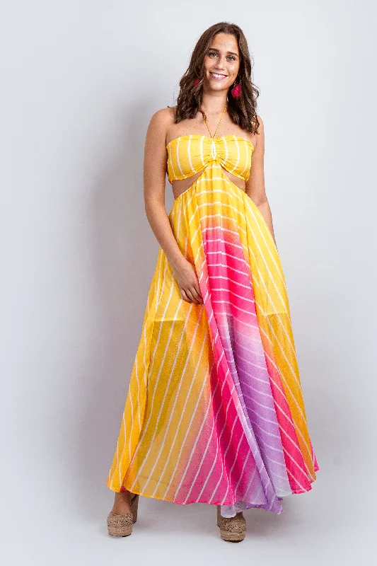 Women's Lapel Collar DressesRainbow Yellow and Pink Ombre Stripe Halter Maxi