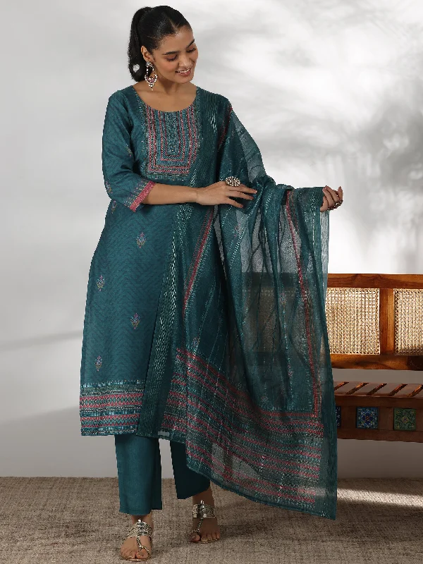 Women's Jumpsuits with Peter Pan CollarTeal Green Printed Silk Blend Straight Suit With Dupatta