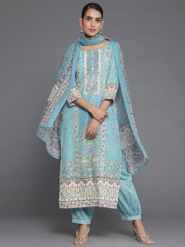 Women's Jumpsuits with Sweetheart CollarBlue Printed Poly Crepe Straight Suit With Dupatta