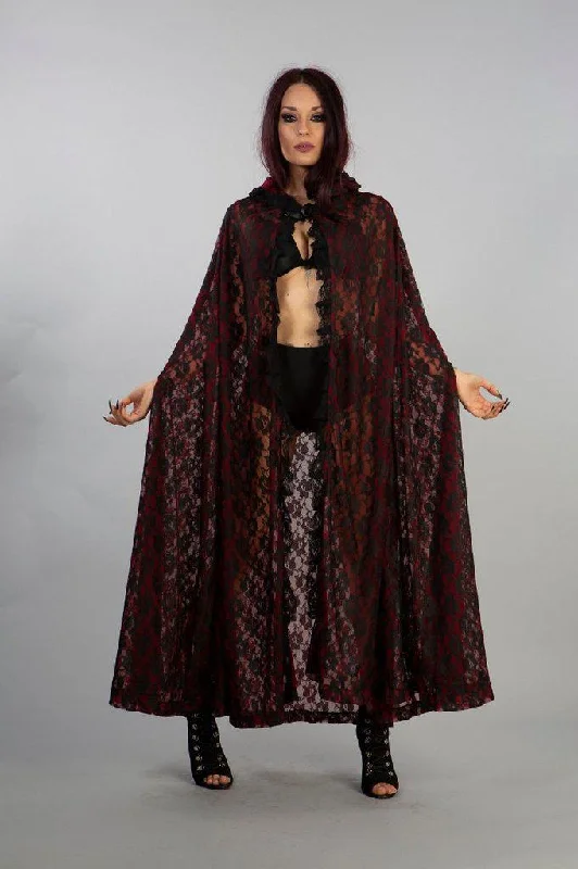 Women's Hooded Sweatshirts with Polka Dot LiningCherryl Hooded Cape In Black Lace And Red Mesh Lining