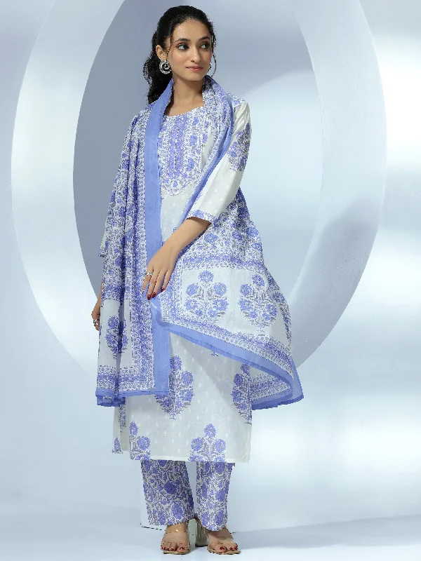 Women's Jumpsuits with Lapel CollarOff White Printed Cotton Straight Suit With Dupatta