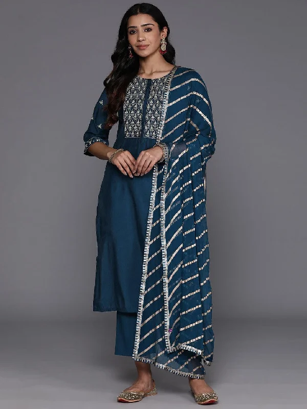 Women's Jumpsuits with Peter Pan CollarBlue Solid Silk Blend Straight Suit With Dupatta