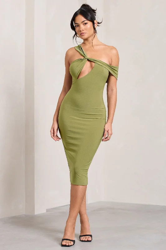 Women's Mandarin Collar DressesElla | Olive Asymmetric Neck Cut Out Midi Dress