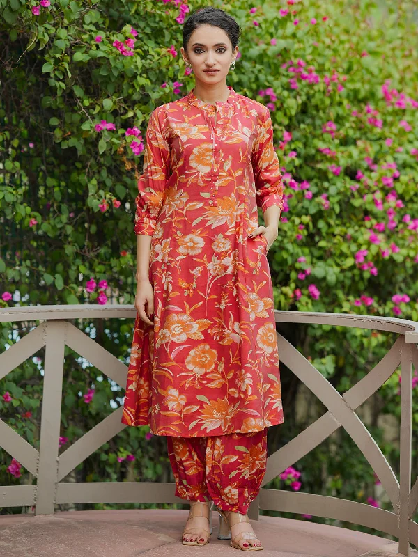 Women's Jumpsuits with High CollarCoral Printed Silk Blend Co-Ords