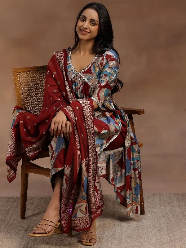 Women's Jumpsuits with Keyhole CollarMaroon Printed Silk Blend A-Line Kurta With Trousers & Dupatta