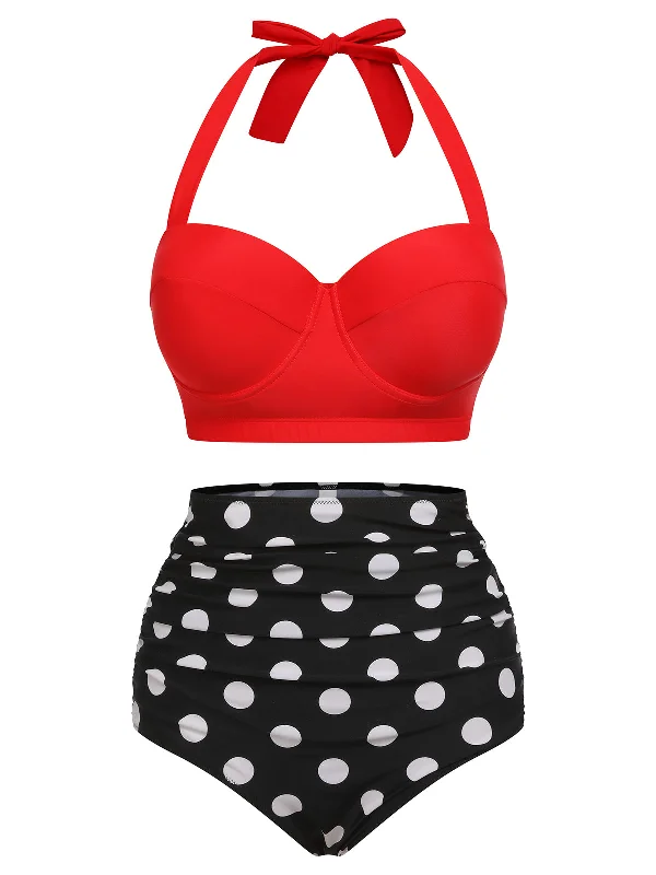 2PCS Red 1940s Dots Halter Swimsuit