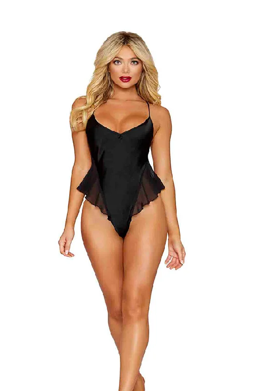 open-bust corset shapewear with lace appliquéMatte Satin Robe and Teddy Lingerie Set with Chiffon Flounce Details