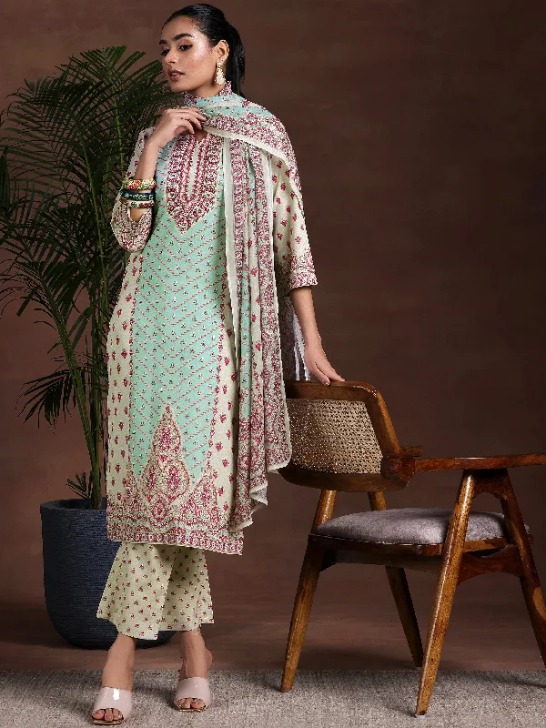 Women's Jumpsuits with Collarless NeckBeige Printed Poly Crepe Straight Suit With Dupatta