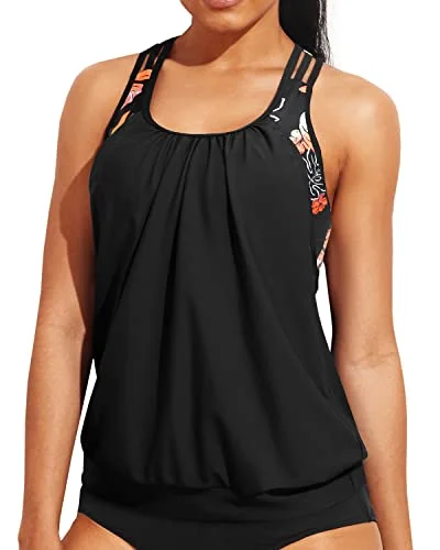 Blouson Tankini Top Only Sporty Bathing Suit Top No Bottoms-Black Floral