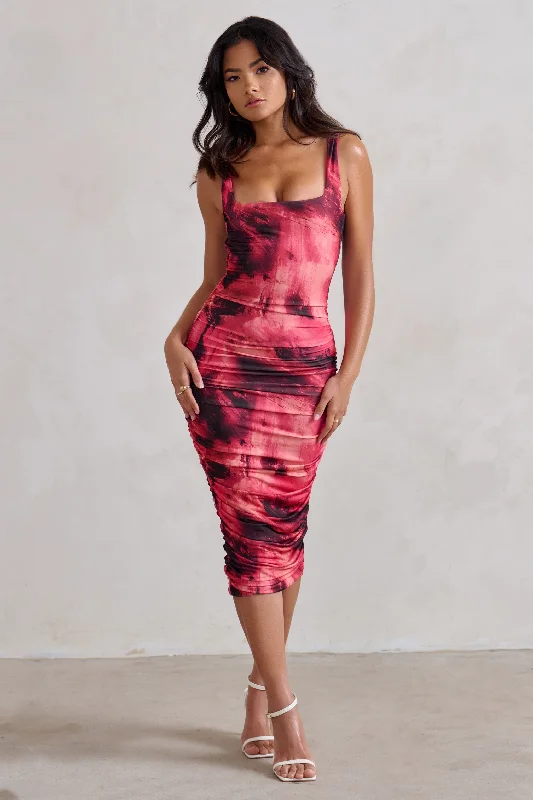 Women's Racerback DressesLisbon | Pink Printed Square Neck Ruched Midi Dress