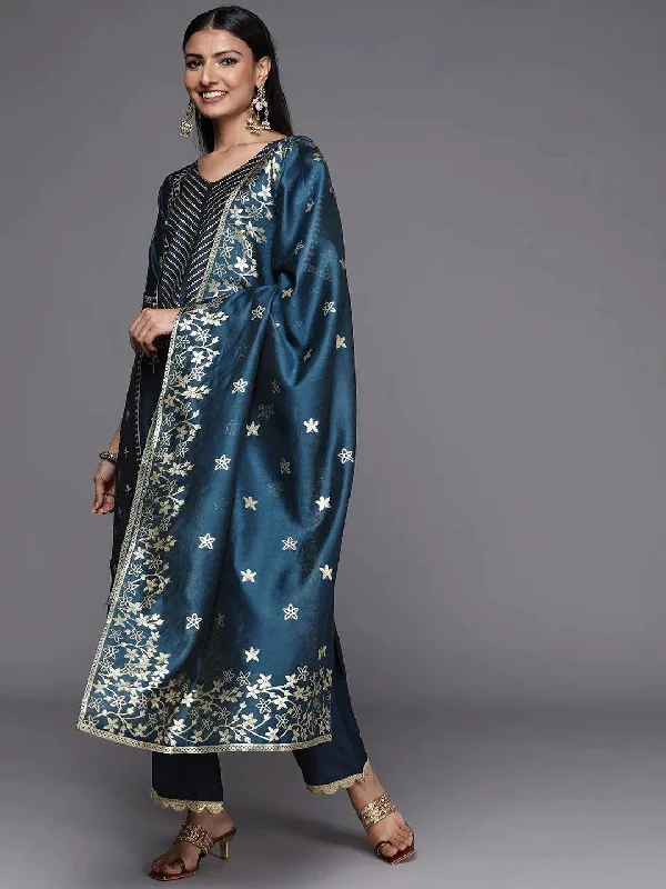 Women's Jumpsuits with Keyhole CollarBlue Printed Silk Blend Straight Kurta With Trousers & Dupatta