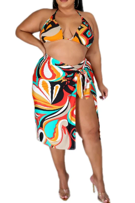 Final Sale Plus Size 3pc Poolside Playsuit (Bikini Top, Bottom & Skirt) Set in Multicolor Swirl Print