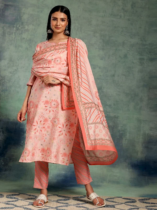 Women's Jumpsuits with High CollarPeach Printed Silk Blend Straight Suit With Dupatta