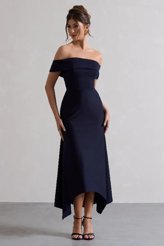 Women's U-Shaped Collar DressesWindsor | Navy Bardot Midi Dress