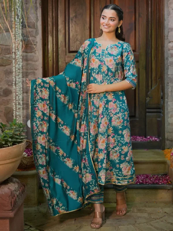 Women's Jumpsuits with Rounded CollarBlue Printed Silk Blend Anarkali Suit With Dupatta