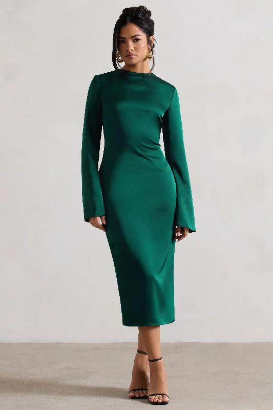 Women's Wide-Neck DressesZaina | Bottle Green Long Sleeve Midi Dress with High Neckline