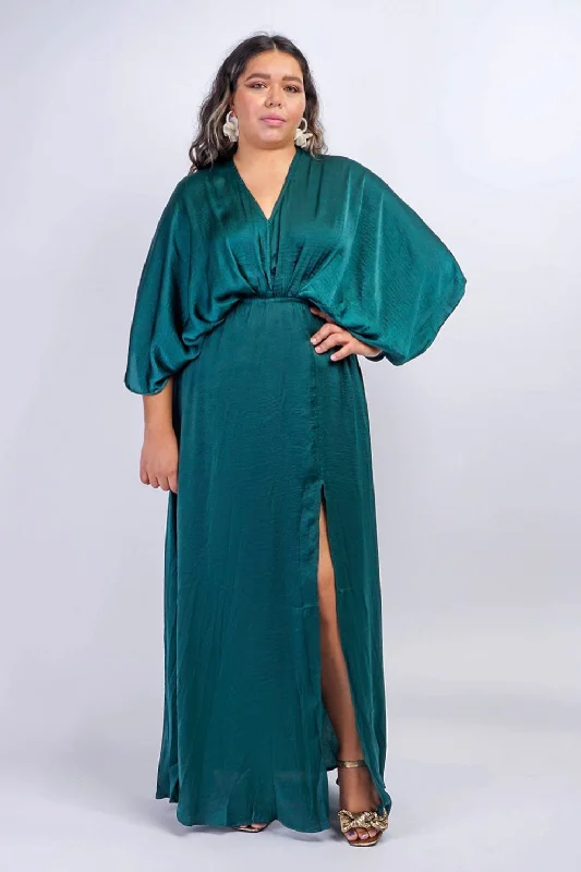 Women's Collarless DressesDark Green Kimono Sleeve Maxi Dress