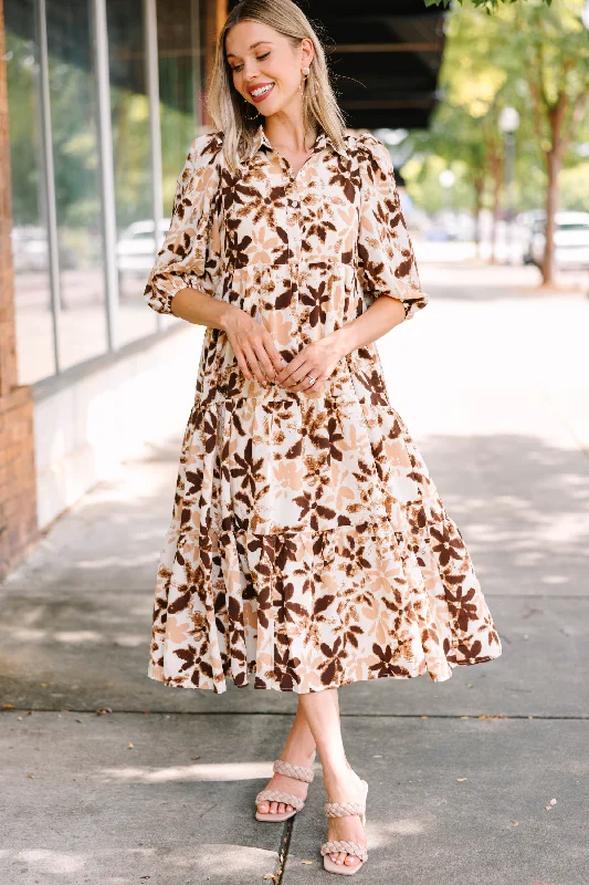 Women's Notched Collar DressesIt's All You Brown Floral Midi Dress