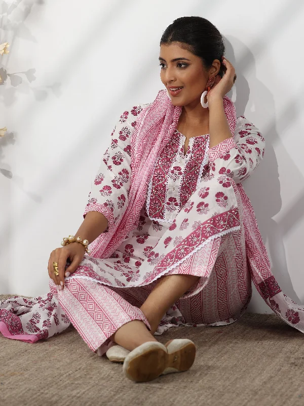 Women's Jumpsuits with Peter Pan CollarOff White Printed Cotton Straight Suit With Dupatta