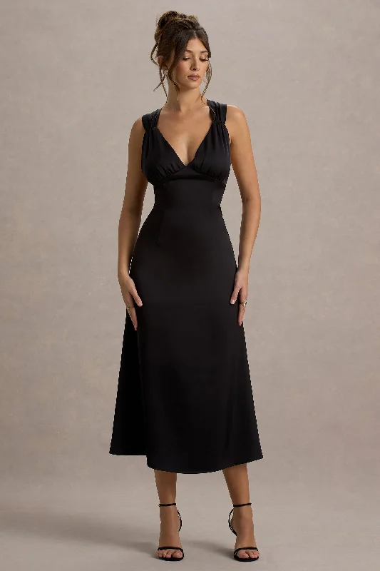 Women's V-Shaped-Neck DressesBeck | Black Satin Plunge-Neck Cross-Back Midi Dress