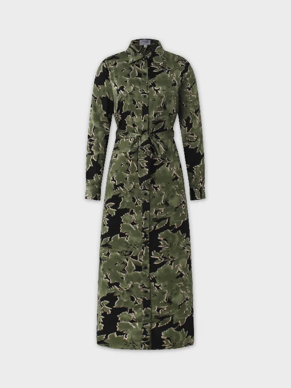 Women's Wide Collar DressesLong Shirtdress-Green/Black Floral