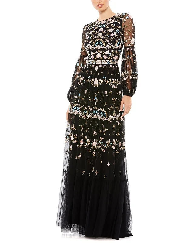 Women's Round-Neck DressesMac Duggal Embroidered High Neck Illusion Sleeve Tiered Gown