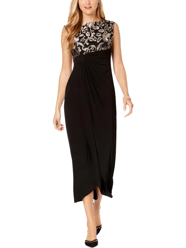 Women's Cap-Sleeve DressesPetites Womens Faux-Wrap Embroidered Evening Dress