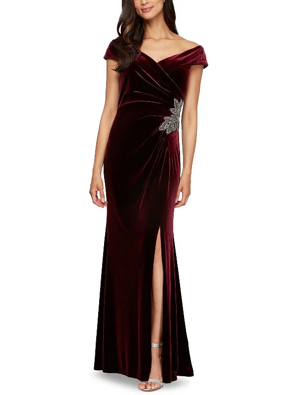 Women's Asymmetrical DressesWomens Velvet Off-The-Shoulder Evening Dress