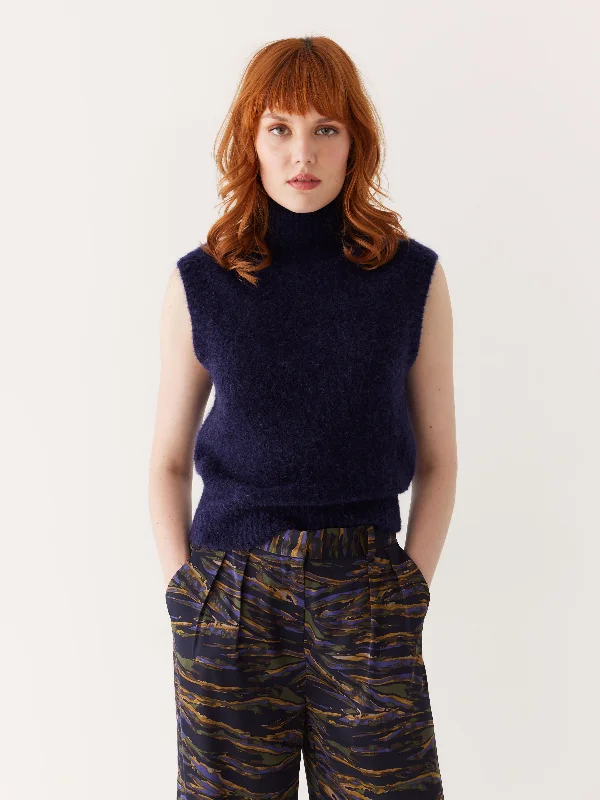 Women's Blouse with Rounded HemThe Boucle Knit Sweater Vest in Night Sky