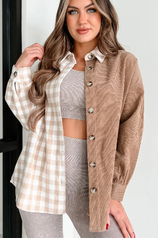 Women's Blouse with Boat CollarBenton Corduroy Plaid Shacket (Taupe Tan)