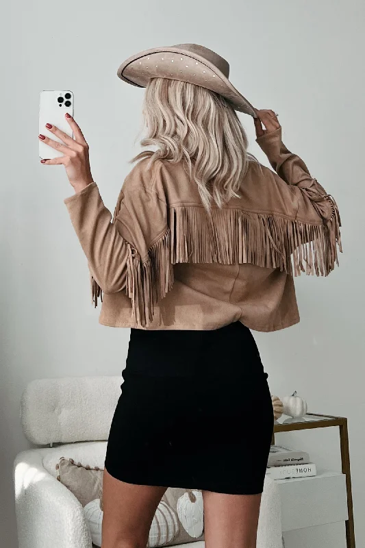 Women's Blouse for HolidayDown In Austin Faux Suede Fringe Shacket (Taupe)