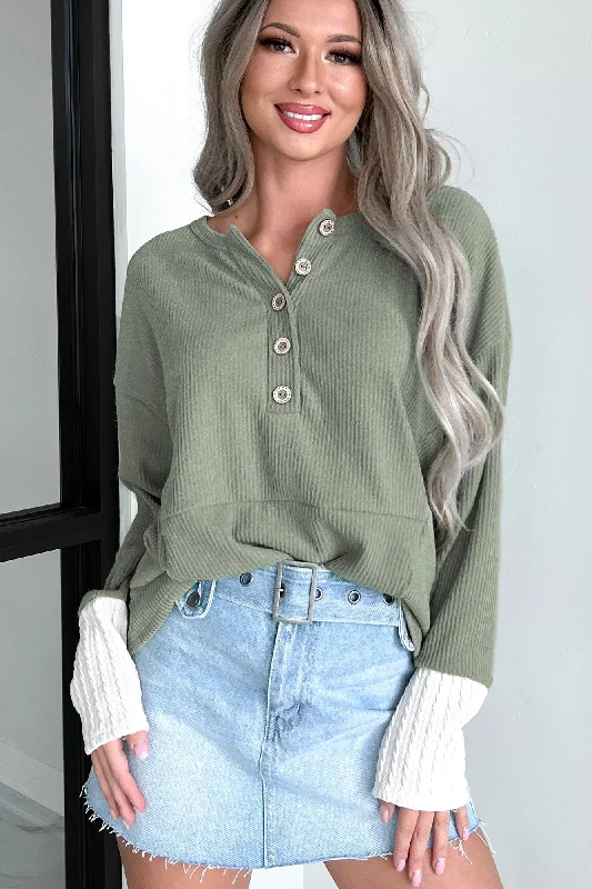 Women's Blouse with Bell SleevesForcing The Issue Mixed Knit Oversized Henley Top (Olive)