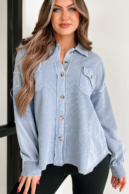 Women's Blouse with Cropped LengthPast & Present Vintage Wash Waffle Shacket (Blue)