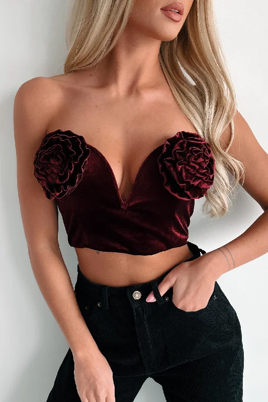 Women's Blouse with PleatsRose To The Occasion Velvet Rosette Crop Top (Wine)